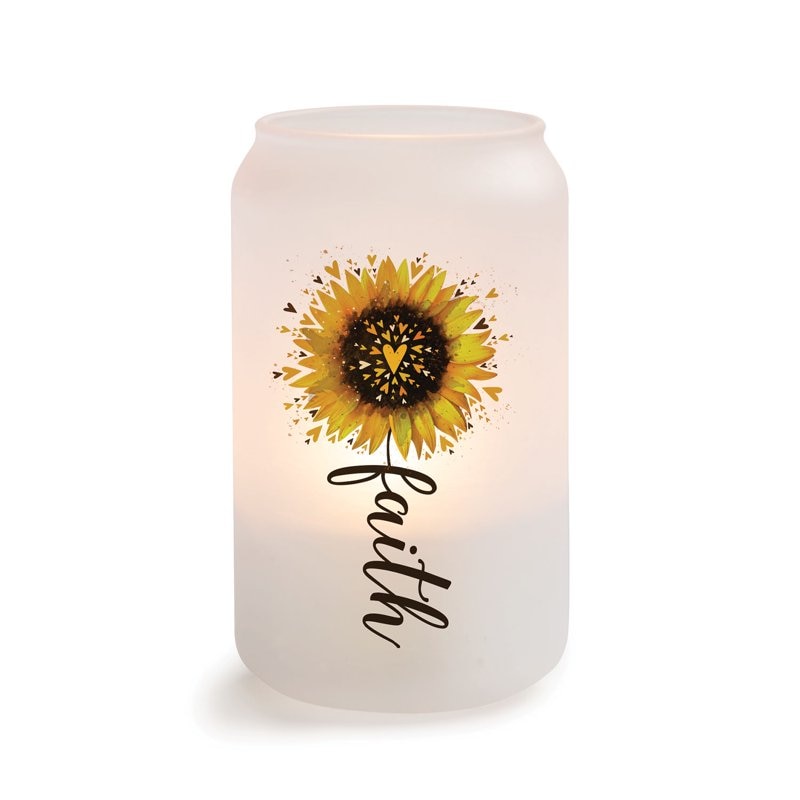 Spiritual Sunflower Frosted Glass Mason Jar Votive Candle Holder, 17oz 3.5x4.5in