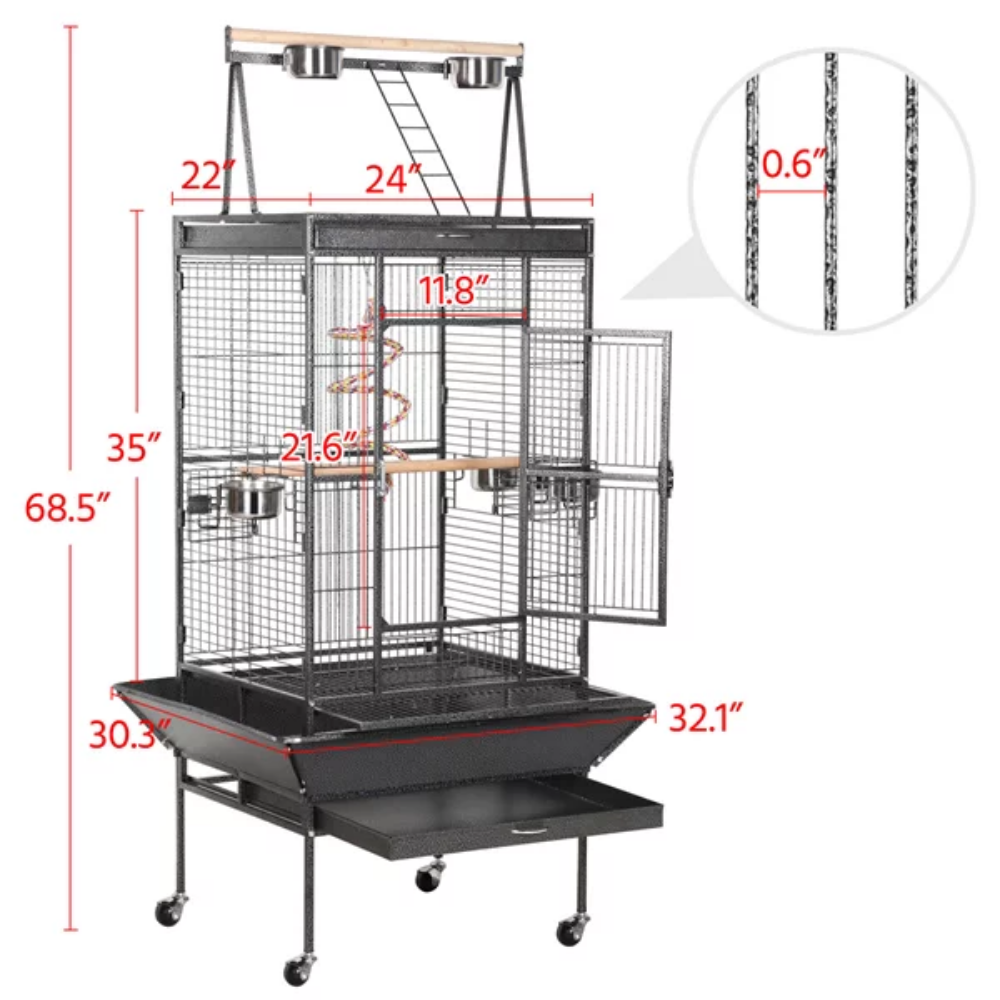 Rolling Metal Large Bird Cage with Play Top for Large Pet Birds