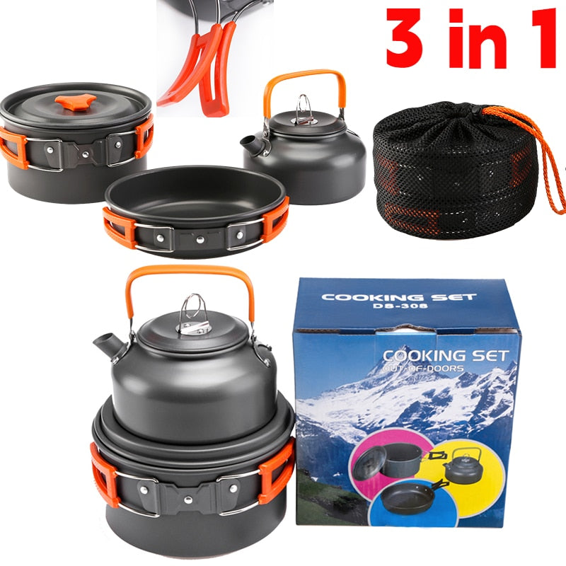 3 in 1 Alumina Outdoor Pot Pan Kettle Camping Cookware Kit For Hiking